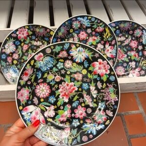 Vintage Jingdezhen Famille Noir Dinner Plates Black Floral Chinese Porcelain Set